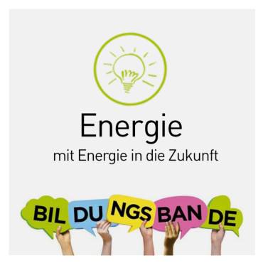 Grafik: Glühbirne, darunter; «Energie – mit Energie in die Zukunft», darunter halten fünf Hände Sprechblasen ins Bild, was das Wort «BILDUNGSBANDE» ergibt