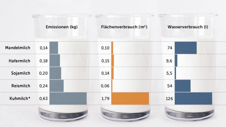 Eine Grafik vergleicht Flächen- und Wasserverbrauch sowie Emissionen diverser Milchalternativen mit Kuhmilch.