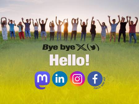 Auf einer grünen Wiese stehen vor der untergehenden Sonne junge Leute in einer Reihe und winken, darunter der Schriftzug «Bye bye X» sowie «Hello!» und die Icons von Mastodon, LinkedIn Instagram und Facebook.