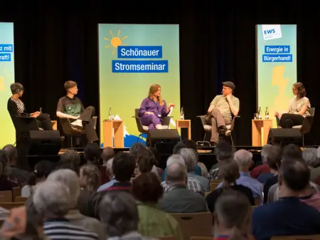 Vier Personen in lockerer Runde auf einem Podium, hinter ihnen Leuchtflächen mit den Aufschriften «Schönauer Stromseminar» und «EWS – Klimaschutz mit »