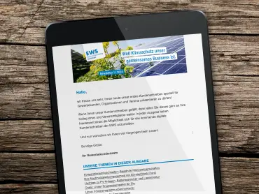 Der EWS-Newsletter wird auf einem Tablet-Computer angezeigt.