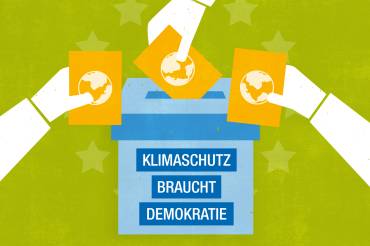 Symbolgrafik: Eine Wahlurne mit der Aufschrift „Klimaschutz braucht Demokratie“, um die drei Arme sind, welche Zettel mit einer Weltkugel einwerfen