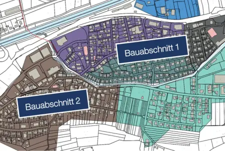 Auf einer Karte des Ortsteils Höllstein sind zwei Bauabschnitte markiert.