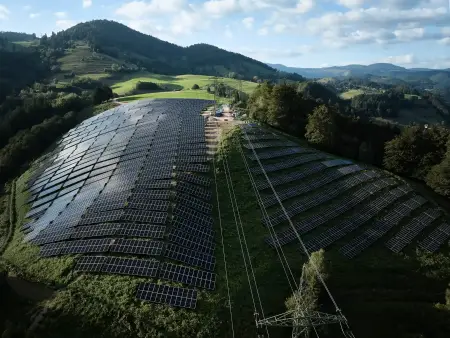 Eine große PV-Anlage erstreckt sich auf den Anhöhen des Schwarzwalds einen steilen Bergrücken herab.