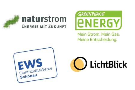 Logos der Ökostromanbieter Naturstrom, greenpeace, EWS und LichtBlick