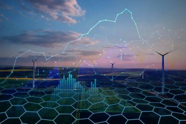 Landschaftsaufnahme mit Windrädern überlagert von grafischen Elementen