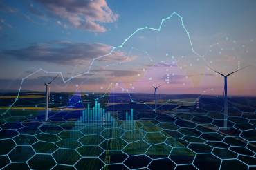 Landschaftsaufnahme mit Windrädern überlagert von grafischen Elementen