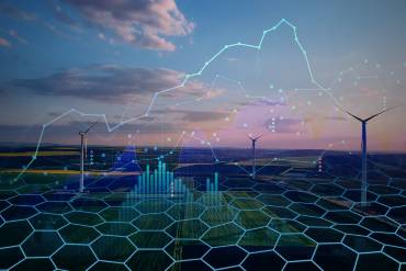 Landschaftsaufnahme mit Windrädern überlagert von grafischen Elementen