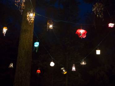 Nächtliche Szenerie im Wald, Blick von unten auf Lampeninstallationen, die oben zwischen den Bäumen aufgehängt wurden, darunter Besucherinnen und Besucher