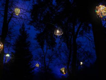 Leuchtende Laternen vor Nachthimmel und unter Bäumen