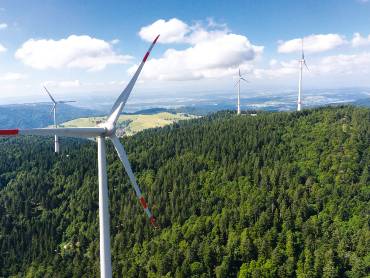 Vier Windkraftanlagen auf einem bewaldeten Berg