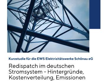Titelbild der Studie «Redispatch im deutschen Stromsystem - Hintergründe, Kostenverteilung, Emissionen», bebildert mit der Ansicht eines Strommasten von unten