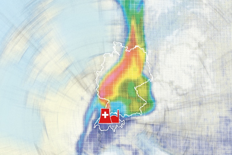 Stilisierte Karte Europas mit den Umrissen der Schweiz und Deutschlands mit den eingezeichneten Zonen der größten Verseuchung
