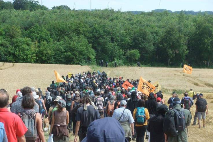 Dutzende Demonstranten laufen in Richtung eines Waldrandes, an dem einige Polizisten in Kampfmontur postiert sind.