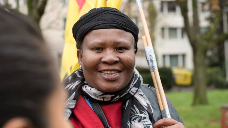 Makoma Lekalakala von der Umweltorganisation «Earthlife» auf der Demonstration in Bonn