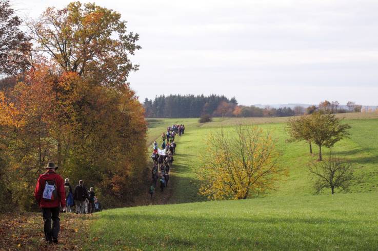 In leicht hügeliger herbstlicher Landschaft wandern Menschen auf einem geraden Weg gen Horizont.