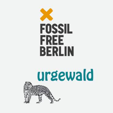 Logo von Fossil Free Berlin mit orangefarbenen X und grüner Urgewald-Schriftzug mit Raubtier