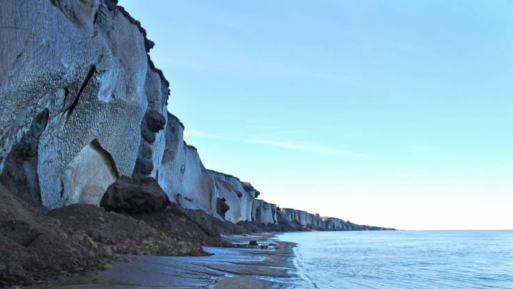 Eine Küste aus meterhohem Eis, das blaugrau schimmert, ein schmaler dunkler Strand und das Meer