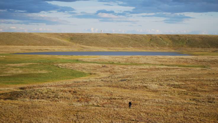 Weite Landschaft mit gelbbraunem Gras und einer Wasserfläche, im Hintergrund eine Art Wall.