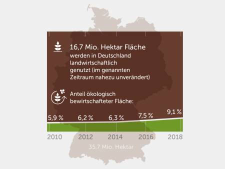 Grafik zur Entwicklung Ökolandbau: Der Anteil der ökologisch bewirtschafteten Fläche stieg zwischen 2010 und 2018 von 5,8 auf 9,1 Prozent an. 