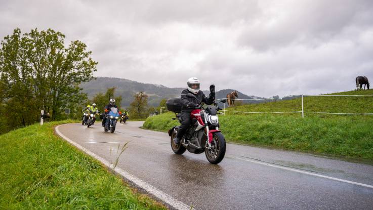 Auf einer kurvigen Landstraße fährt ein Motorrad im Regen an einer Pferdeweide vorbei.