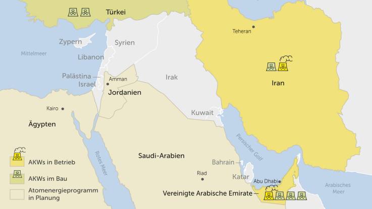 Die Karte zeigt die Länder der Golfregion, gekennzeichnet sind der Iran, Ägypten, Saudi Arabien, Vereinigte Arabische Emirate und Türkei.