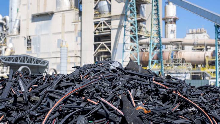 Vor einer Industrieanlage liegt ein großer Berg mit schwarzen Reifenresten.