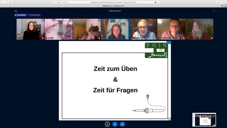 Ein Screenshot zeigt die laufende Online-Veranstalung mit den Gesichtern der Teilnehmenden und einer Vortragsfolie.