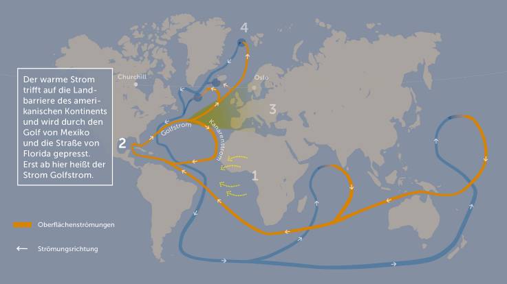 Erneut dieselbe Grafik mit dem Text: «Zweitens, der warme Strom trifft auf die Landbarriere des amerikanischen Kontinents, wird durch den Golf von Mexikogepresst.  Ab hier heißt der Strom Golfstrom.»