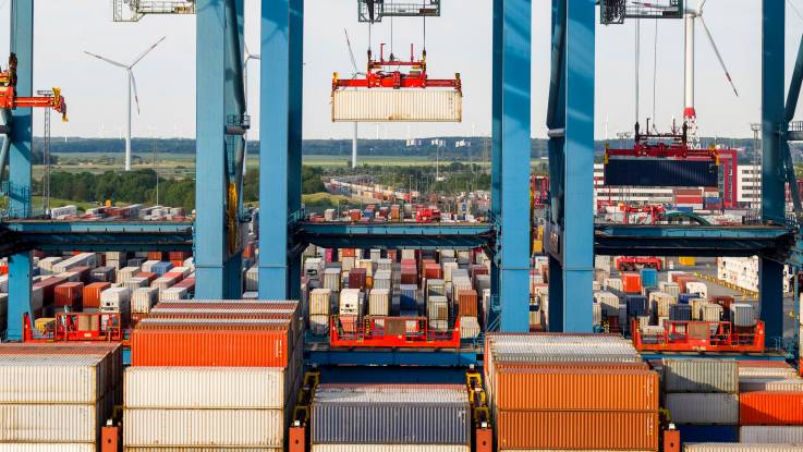 Kräne hieven Schiffscontainer in die Höhe, dahinter erstreckt sich grünes Land mit Windrädern.