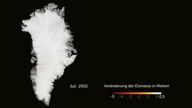 Grönland dargestellt auf einer schwarzen Fläche, eine Farbskala zeigt Abstufungen von weiß zu dunkelrot. Hier ist die Insel ganz weiß.