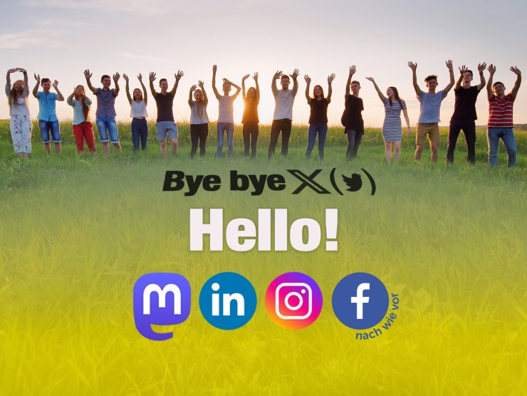 Auf einer grünen Wiese stehen vor der untergehenden Sonne junge Leute in einer Reihe und winken, darunter der Schriftzug «Bye bye X» sowie «Hello!» und die Icons von Mastodon, LinkedIn Instagram und Facebook.