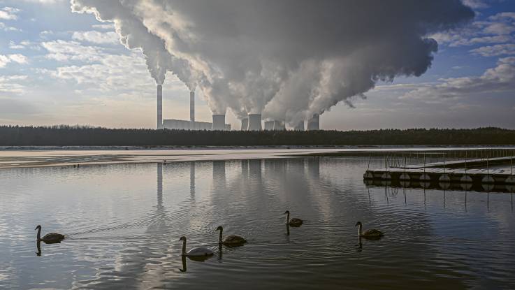 Schwäne spiegeln sich auf der Wasseroberfläche eines Sees – am Horizont trüben zahlreiche qualmende Schlote das Idyll.