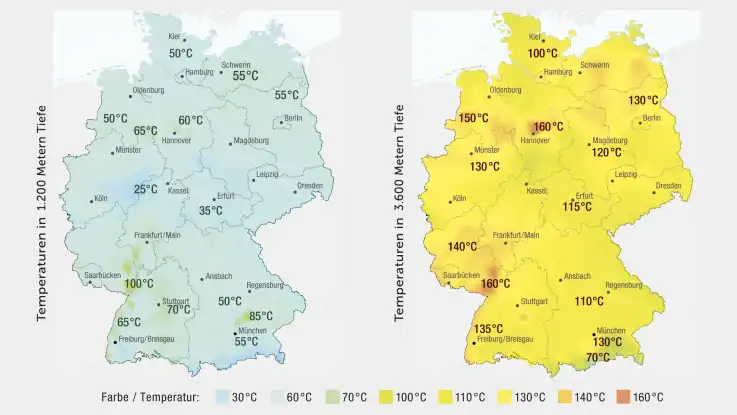 Zwei nebeneinander gelegte Deutschlandkarten zeigen die unterschiedlichen Temperaturbereiche in einer Tiefe von 1.200, beziehungsweise 3.600 Metern.  