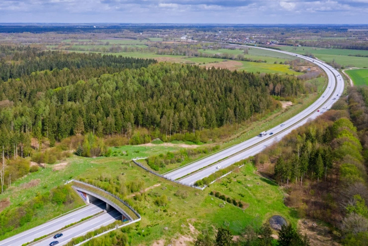 Luftaufnahme: Eine Autobahn zieht sich als graue Schneise durch die Landschaft, nur an einer Stelle wird sie durch eine breite, grüne Querung unterbrochen. 