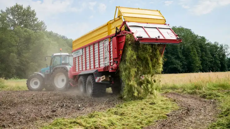 Der Traktor befindet sich nun auf einer deutlich schwächer ausgeprägten Wiese, wo er seinen Heuwagen wieder entleert.