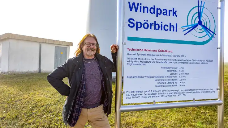Ein mittelter Mann mit langen Haaren steht stolz in die Kamera lächelnd an einem Schild, das die Daten des Windparks Spörbichl auflistet.