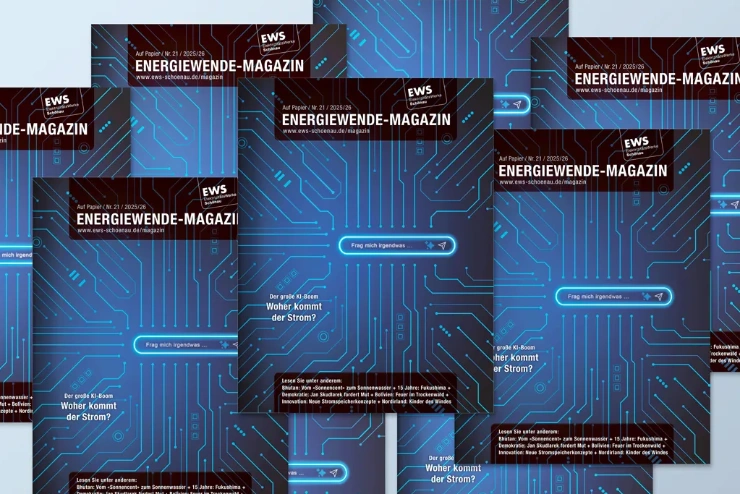 Drei Printausgaben des Energiewende-Magazins auf einer Fläche.